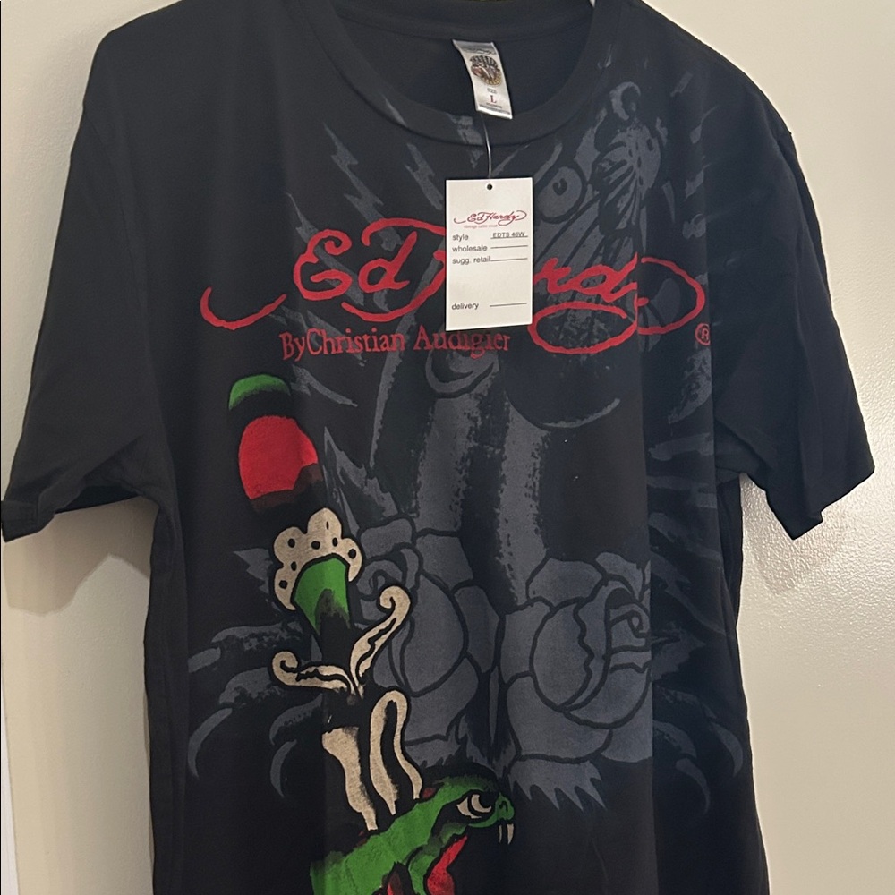 Ed Hardy Black Tee with Red and Green Graphics